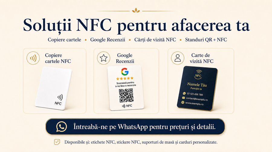 Soluții NFC pentru afacerea ta: copiere cartele, Google recenzii, cărți de vizită NFC, standuri QR și NFC